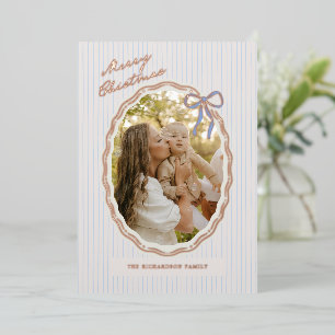 Real Foil Preppy White and Blue Bow Christmas Card