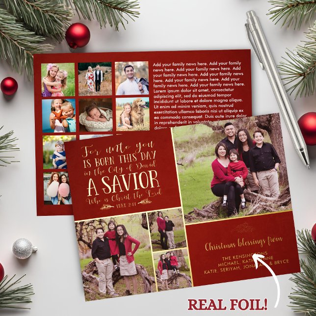 REAL Foil Red Christian Christmas Photo Collage (REAL Foil Red Christian Christmas Photo Collage Foil Holiday Card)