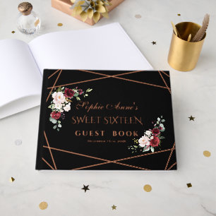 Real Foil Rose Gold Black Sweet Sixteen Party Guest Book