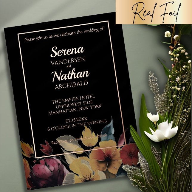 Real Foil Rose Gold Wildflowers Elegant Wedding (This modern floral wedding invitation features text in choice of foil color with a black background)