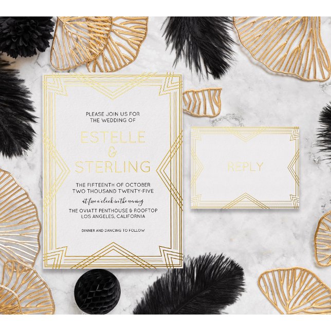 Real Foil RSVP Art Deco Geometric Gold Foil Meal  Invitation Postcard (Creator Uploaded)