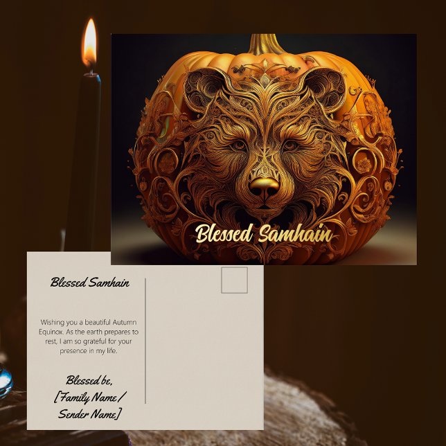 Real Foil Samhain Postcard | Pagan Autumn Equinox (blessed samhain pagan autumn equinox postcard. real gold foil wiccan happy mail stationery.)