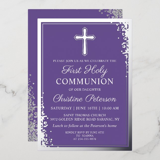 Real Foil Silver Lavender Purple First Communion (Front/Back)
