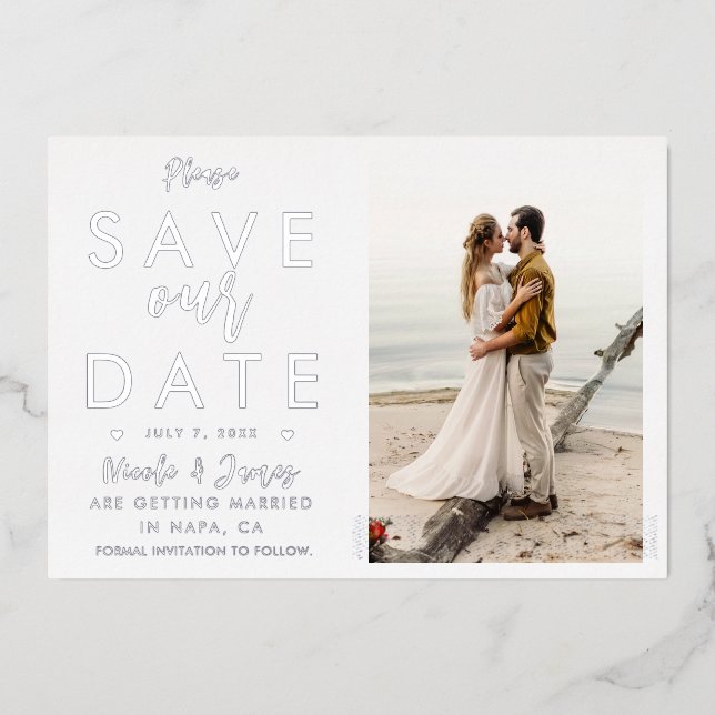 Real Foil Silver Save The Date Photo Engagement (Front)