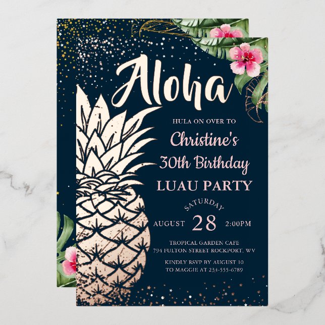 Real Foil Tropical Pineapple Floral Luau Rose Gold (Front/Back)