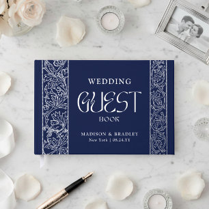 Real Foil Vintage Floral Blue Silver Wedding Guest Book
