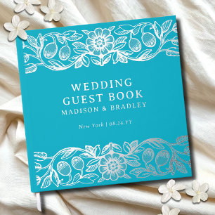 Real Foil Vintage Floral Blue Wedding Guest Book