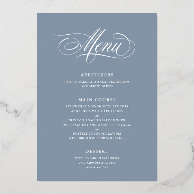 Real Foil Wedding Menu Classic Script Calligraphy (Front)