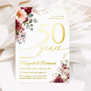 Real Gold 50th Wedding Anniversary Burgundy Floral