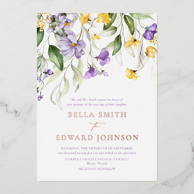 Real Gold and Purple Floral Monogram Wedding (Front)