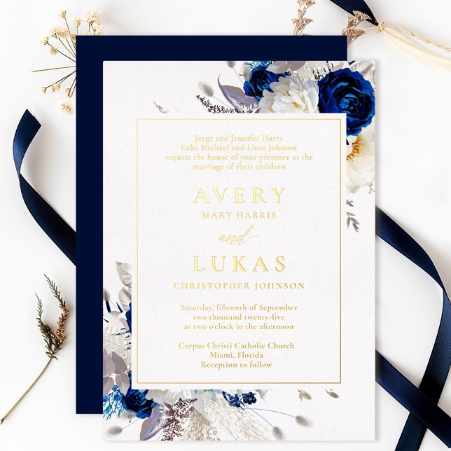 Real Gold Elegant Blue Flowers Wedding Foil  (Creator Uploaded)