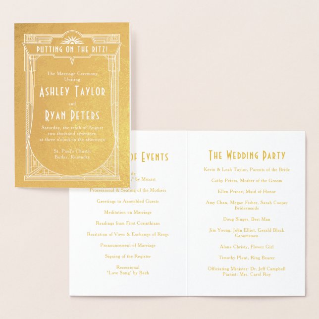 Real Gold Foil Art Deco Wedding Program Card (Display)