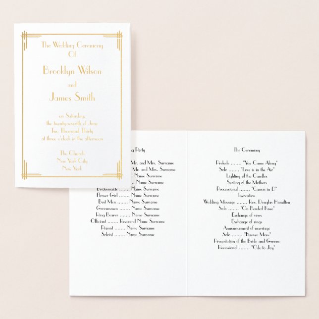 Real Gold Foil Art Deco Wedding Programs Foil Card (Display)