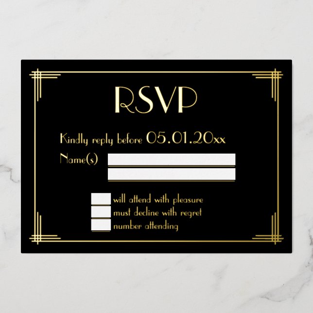 Real Gold Foil Art Deco Wedding RSVP Cards (Front)