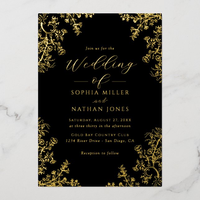 Real Gold Foil Black Floral Lace Script Wedding  (Front)