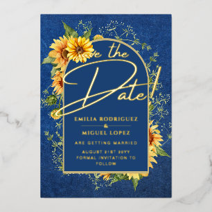 Real GOLD FOIL Blue Sunflowers Save Date Wedding