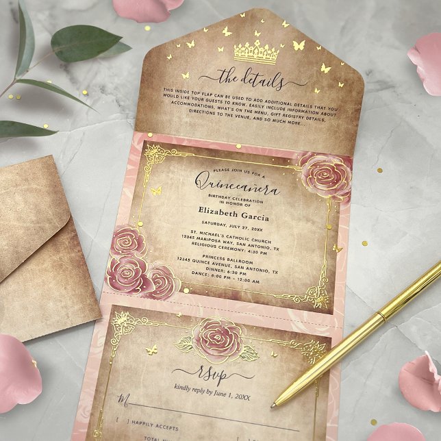 Real Gold Foil Blush Pink Rose Quinceanera All In One Invitation (An elegant blend of blush pink rose and real gold foil make this all-in-one invitation shine.)