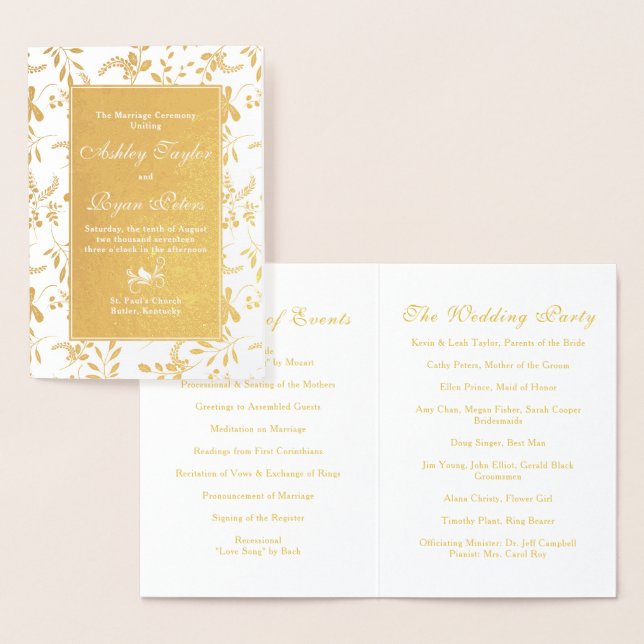Real Gold Foil Botanical Floral Wedding Program Foil Card (Display)