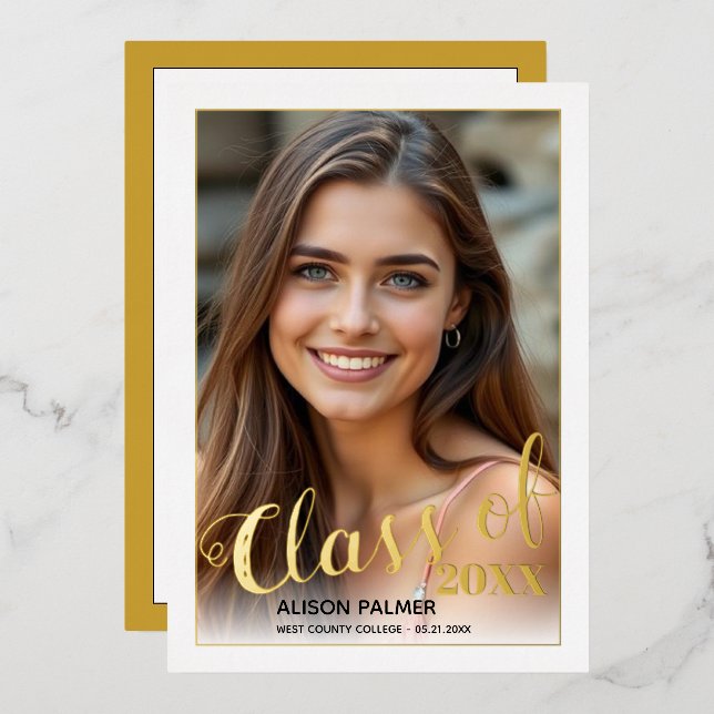 Real gold foil Class of 2026 script photo (Front/Back)