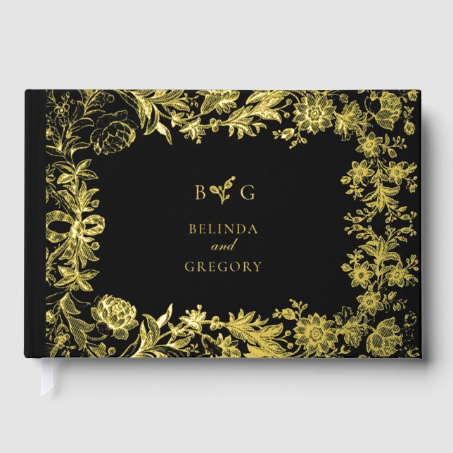 Real Gold Foil Elegant Floral Botanical Wedding Guest Book (Front)