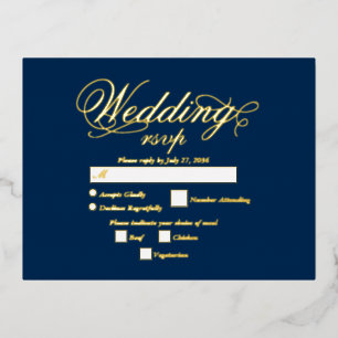 Real Gold Foil Elegant Luxury Blue Wedding RSVP Invitation Postcard