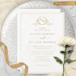 Real Gold Foil Elegant Monogram Wreath Wedding<br><div class="desc">Upgraded Elegant Monogram invitation in real gold foil. Clean and simple design full of elegance and grace with delicate ornate hand drawn monogram showcasing couple's initials. Luxurious, design in white and real gold foil, printed on Premium White Paper Stock -a smooth, white paper with a luxurious satin finish- made from...</div>