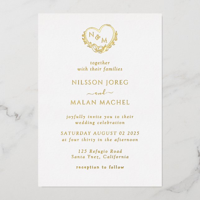 Real Gold Foil Elegant Wreath Monogram Wedding  (Front)
