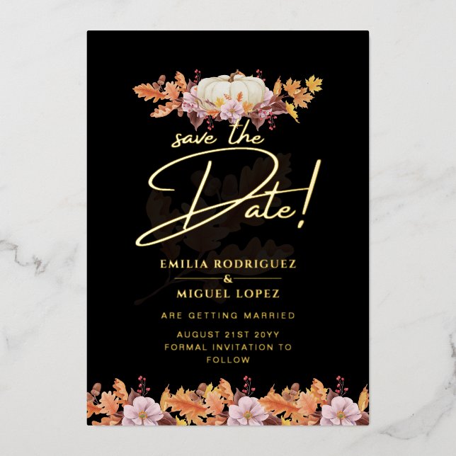 Real GOLD FOIL Fall Pumpkin Save Date Wedding (Front)