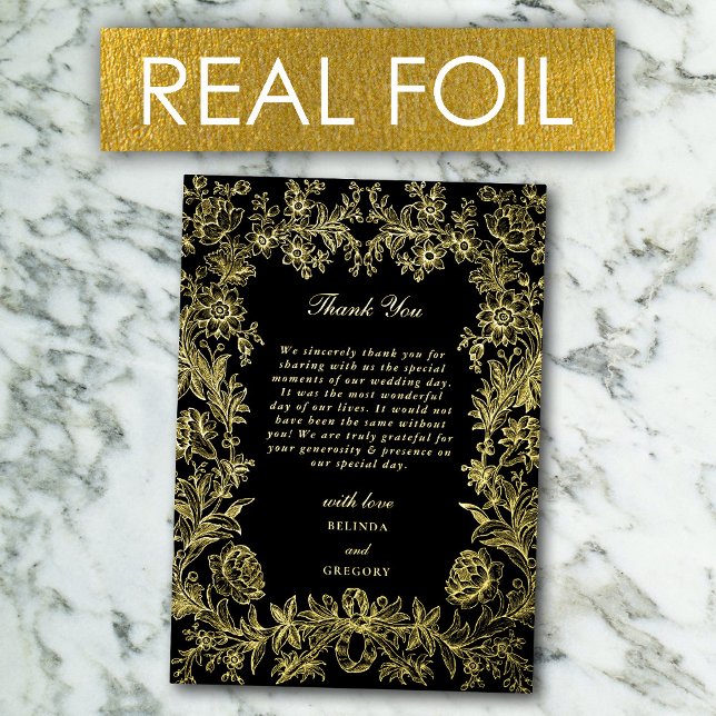 Real Gold Foil Floral Black Wedding Thank You (Real Gold Foil Floral Black Wedding Thank You Foil Invitation)