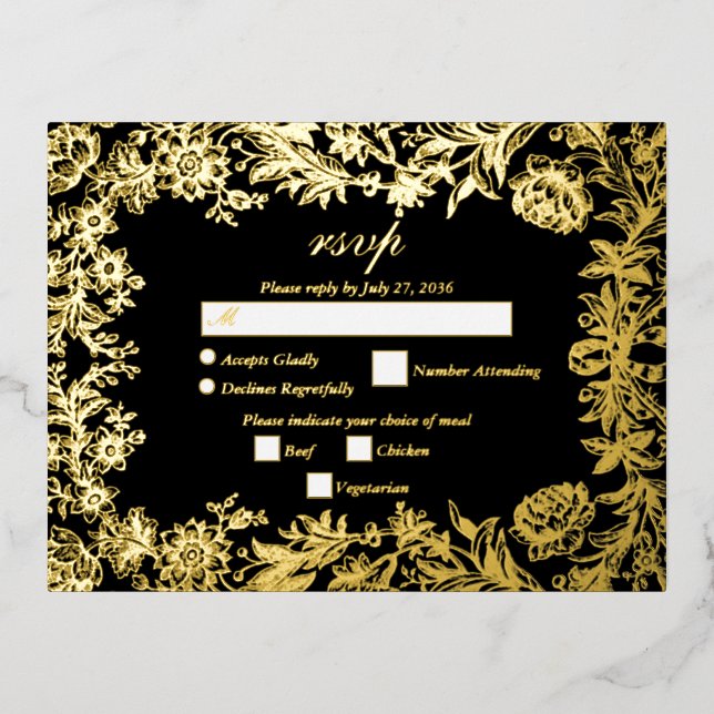 Real Gold Foil Floral Botanical Black Wedding RSVP Foil Invitation Postcard (Front)