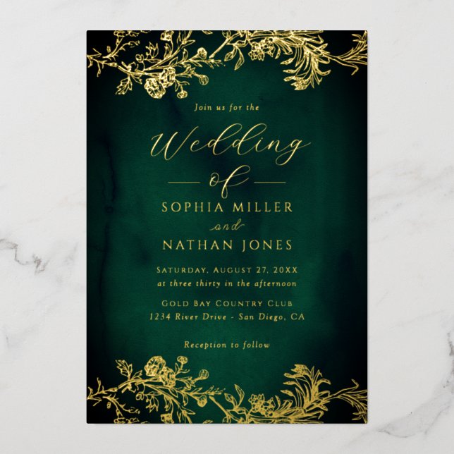 Real Gold Foil Floral Lace Script Emerald Wedding  (Front)