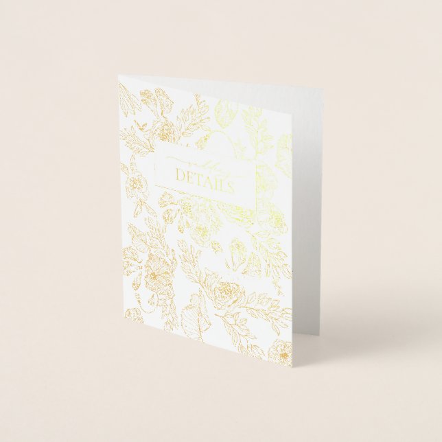 Real Gold Foil Floral Line Art Wedding Details Card (Front)