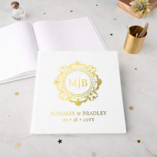 Real Gold Foil Floral Monogram Elegant Wedding Guest Book