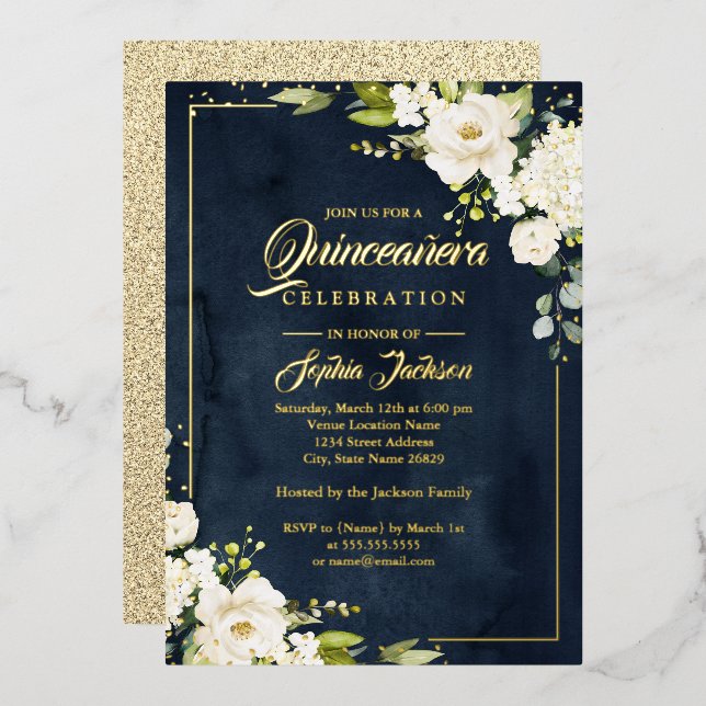 REAL GOLD FOIL Floral Navy Gold Quinceanera (Front/Back)