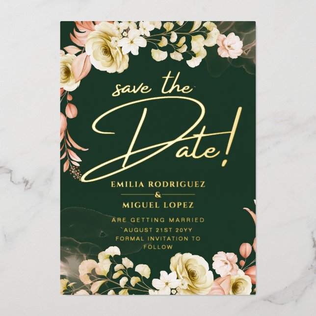 Real GOLD Foil Green Save the Date Wedding Foil In (Front)