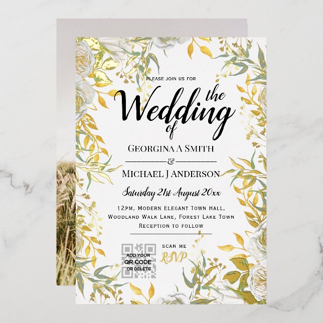 REAL GOLD FOIL Greenery PHOTO QR Code Wedding  (Front/Back)