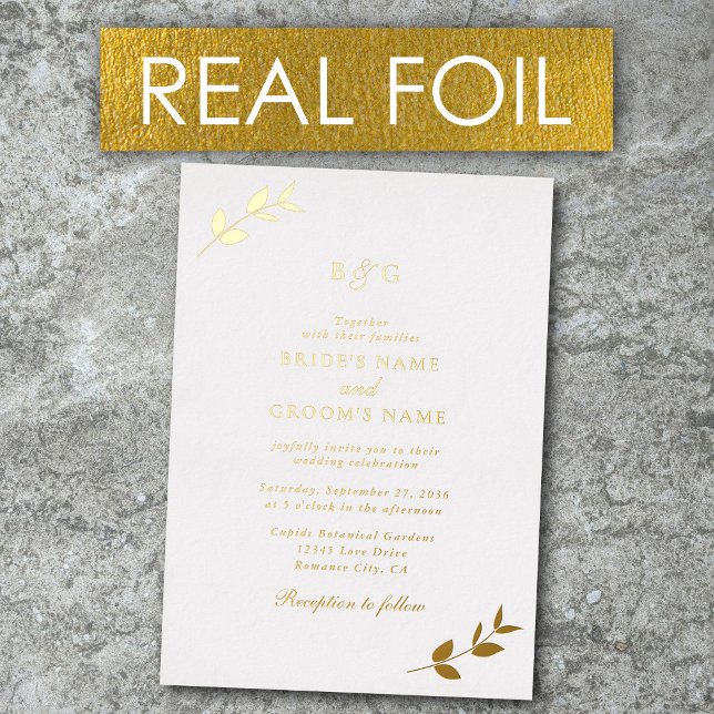 Real Gold Foil Leaves Elegant Monogram Wedding (Real Gold Foil Leaves Elegant Monogram Wedding Foil Invitation)