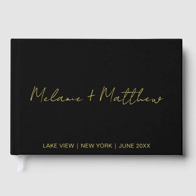 Real Gold Foil Modern Handwriting Script Guestbook (Front)