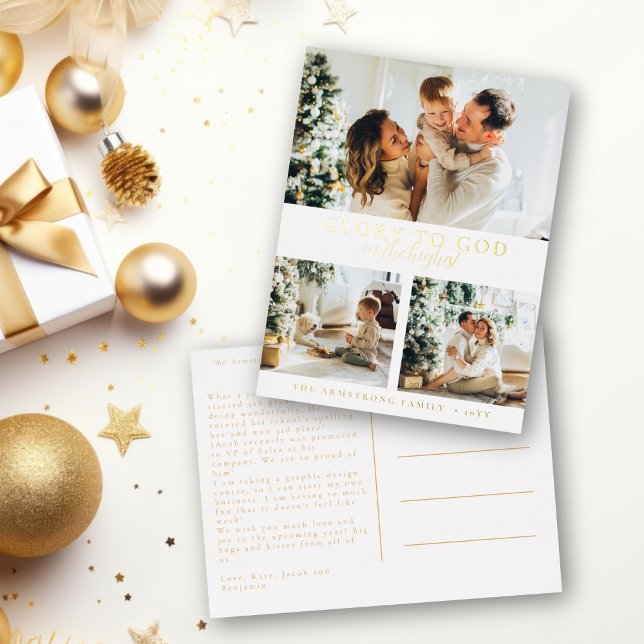 Real Gold Foil Modern Photo Religious Christmas Foil Holiday Postcard (Religious Christmas postcard in gold foil with photo collage for Catholics and Christians)