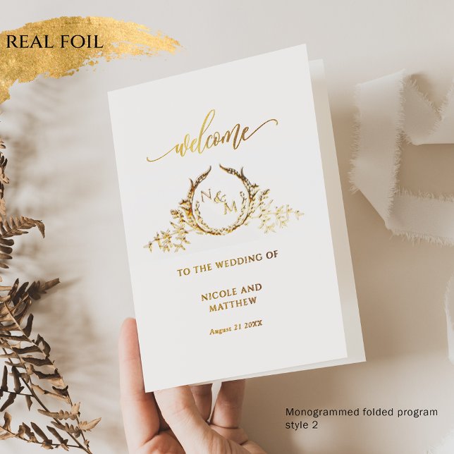 Real Gold Foil Monogram, Wedding Religious Program Card (Creator Uploaded)