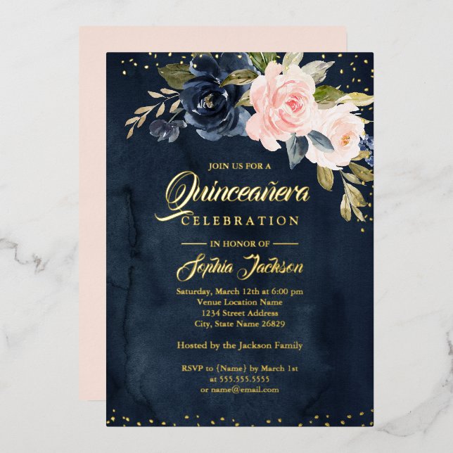 REAL GOLD FOIL Navy Blush Pink Floral Quinceanera (Front/Back)