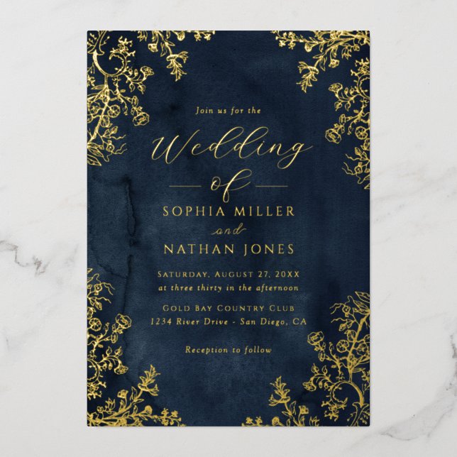 Real Gold Foil Navy Floral Lace Script Wedding  (Front)
