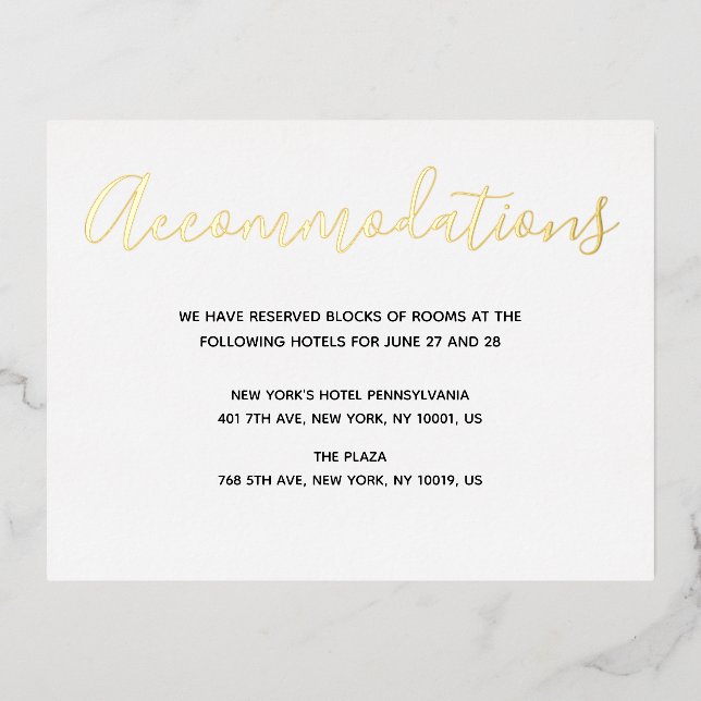 Real Gold Foil Script Wedding Accommodation Cards (Front)