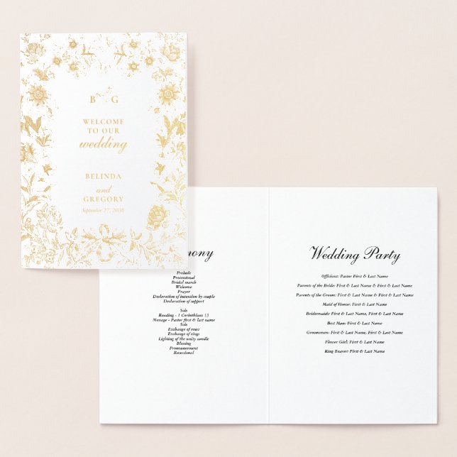 Real Gold Foil Wedding Order of Service Program Card (Display)