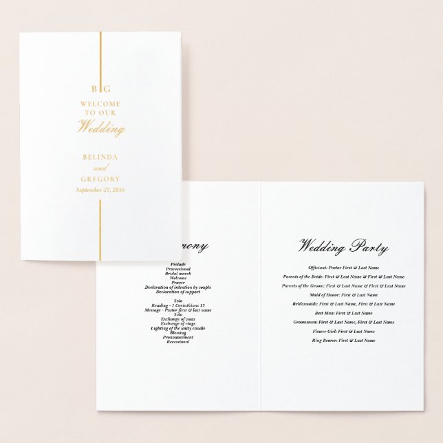 Real Gold Foil Wedding Order of Service Program Card (Display)