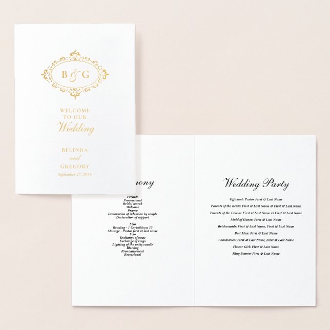 Real Gold Foil Wedding Order of Service Program Foil Card (Display)