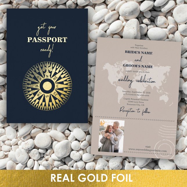 Real Gold Foil Wedding Passport Compass Wedding  (Real Gold Foil Wedding Passport Compass Wedding Foil Invitation)