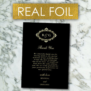 Real Gold Foil Wreath Black Wedding Thank You Card