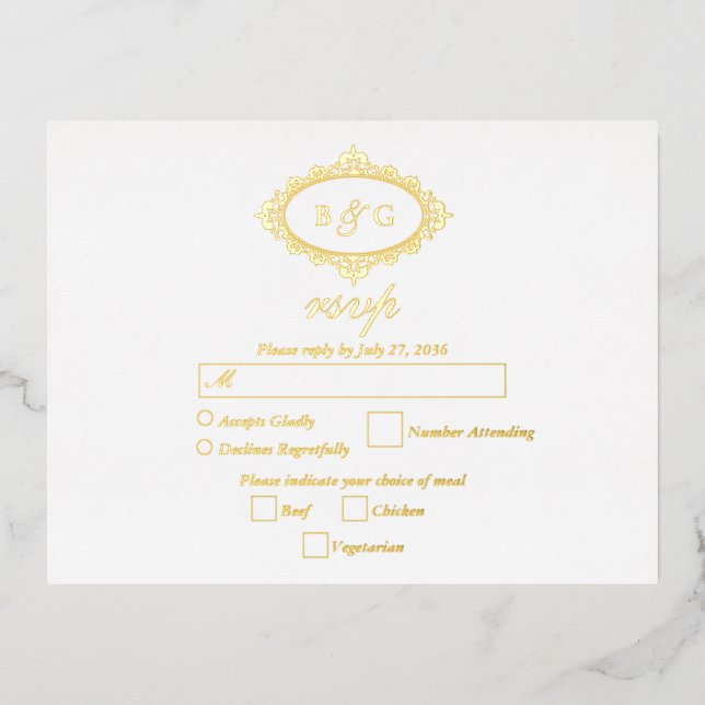 Real Gold Foil Wreath White Wedding RSVP Invitation Postcard (Front)