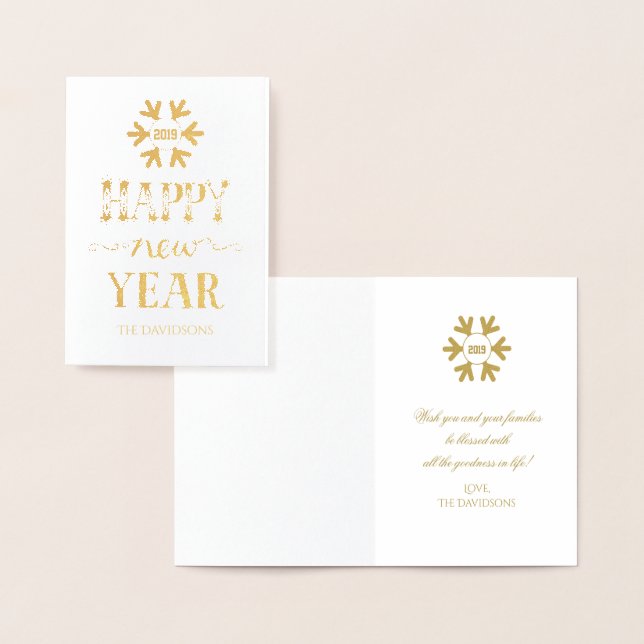 Real Gold  Happy New Year Typography Snowflake Foil Card (Display)